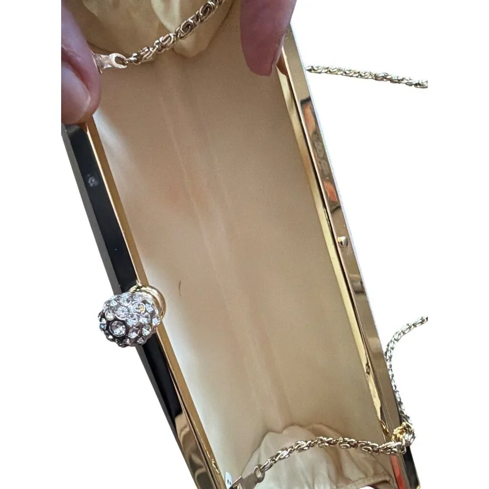 Gold Metallic Hard Case Clutch Purse Rhinestone Embellished‎ Clasp Chain Strap